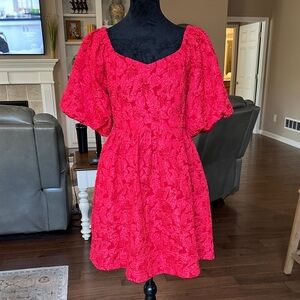 Red Textured Puff Sleeve Dress